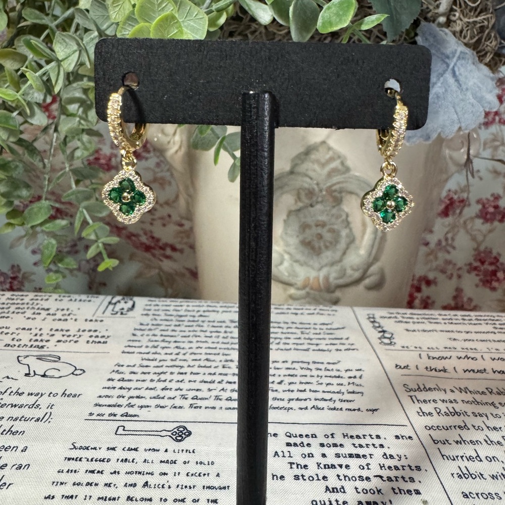 Stainless Steel Gold and Green Clover Drop Earrings - Women Jewelry
